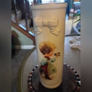 Vintage 1979 Enesco Bud Vase Ceramic, "Child With Bird" Approx 6" Tall